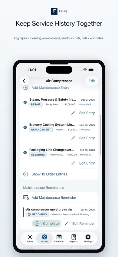 Tendory maintenance history screen